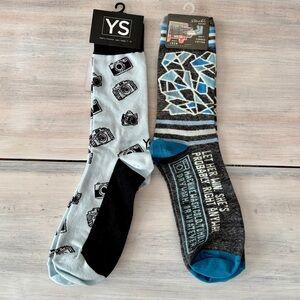 Men’s Crew Socks 2‑Pack: Blue Q “Let Her Win” & YS Camera Print. Size 7–12